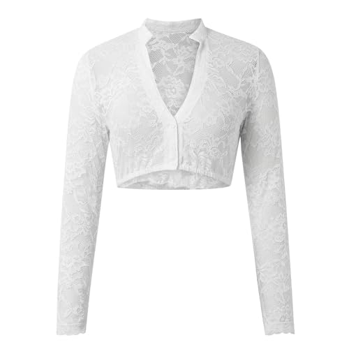 LOSSLO Dirndl Bluse Damen Langarm Dirndlbluse Damen Weiß Elegante Trachtenbluse Spitze Zum Knöpfen für Oktoberfest & Karneval von LOSSLO