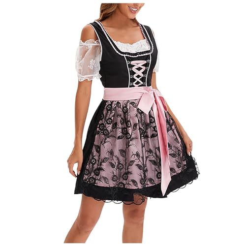 LOSSLO Dirndl Damen Midi Dirndlkleid Damen Modern Schwarz Trachtenkleid Dirndl Schürze Elegant Trachten Kleid Trachtenmode Bayerisches Kostüm für Oktoberfest Karneval S - 5XL von LOSSLO