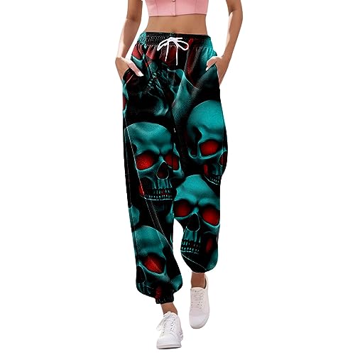 LOSSLO Gothic Hose Damen Schwarz,Punk Hose Damen,Jogginghose Damen Lang High Waist Sport Yoga Hosen Retro Haremshosen Baggy Laufhose mit Totenkopf Print Track Pants Streetwear Party Halloween Kostüm von LOSSLO