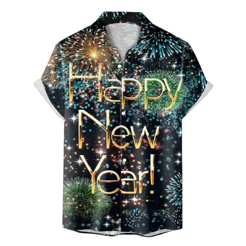 LOSSLO Hemd Herren Kurzarm,Freizeithemd Herren Regular Fit,Sommerhemd Herren Hemden Button Down Shirts HAPPY NEW YEAR Drucken Stehkragenhemd Casual Freizeithemden für Männer Freizeit Festliches Party von LOSSLO