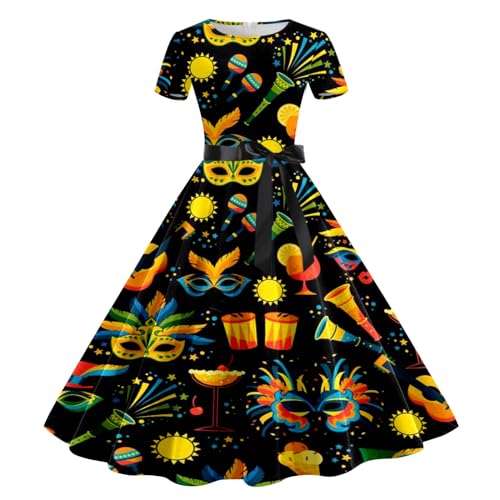 Karneval Kostüm Damen -Rockabilly Kleider Partykleid Minikleid Kurzarm Cocktailkleid mit Maske Drucken Petticoat Abendekleider Vintage Kleid A-Linien Faltenrock Ballkleider Faschingskostüm von LOSSLO