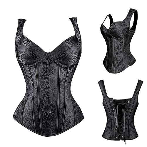 LOSSLO Korsett Damen Bauchweg,Vollbrust Corsage Top mit Träger Vintage Gothic Dessous Corsagen Bustier Retro Taillen Korsage Top Shapewear Crop Top Bridal Wäsche Trägertop Elegant Schwarz von LOSSLO