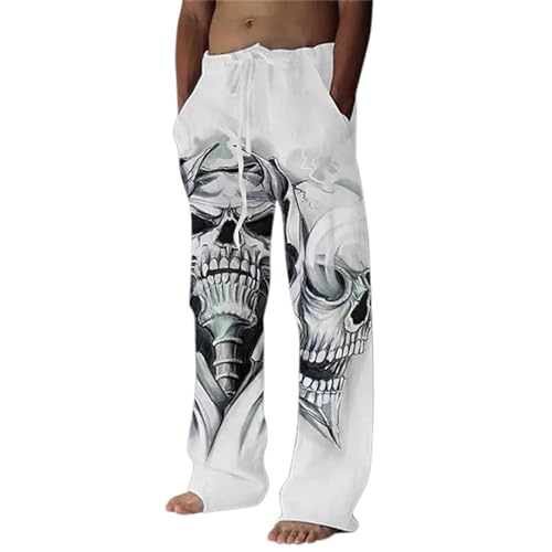 LOSSLO Leinen Hose Herren Lang Baumwolle Leinenhose mit Gummizug Baggy Freizeithose Loose Fit Jogginghose Leichte Sommer Herrenhose Totenkopf Druck Bequem Sommerhose Casual Strandhosen von LOSSLO