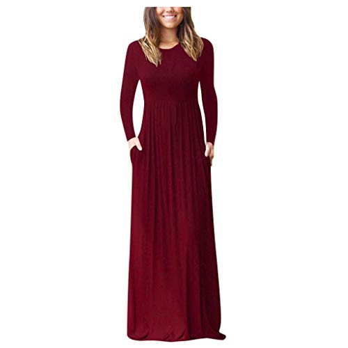 LOSSLO Maxikleid Damen Langarm Kleid Damen High Waist Kleider Rundhals Elegant Freizeitkleider Einfarbig Wickelkleid Tunikakleid für Hochzeit Resort-Kleid Herbstkleid Cocktailkleid von LOSSLO