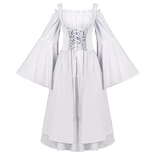 LOSSLO Mittelalter Kleid Damen Lang,Viktorianisches Kleid Damen,Mittelalter Kleidung Damen 2tlg Retro Viktorianischen Kleider mit Trompetenärmel Volant Maxikleid Karneval Halloween Prinzessin Kostüm von LOSSLO