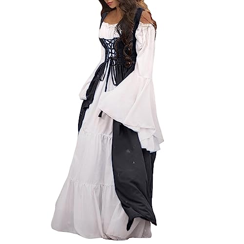 Mittelalter Kleidung Damen -Mittelalter Kleid Lang Renaissance Viktorianisches Kleid Cocktailkleid Retro Vintage Kleider mit Trompetenärmel Volant Maxikleid Cosplay Karneval Kostüm von LOSSLO
