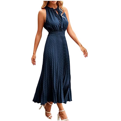 LOSSLO Plisseekleid Damen Festlich, Sommerkleid Damen Lang,Neckholder Kleid Damen Sommer Freizeitkleid Maxikleid Jacquard Plisseekleider Hohe Taille Damenkleider Gesmoktes Kleider Mode Sommerkleider von LOSSLO