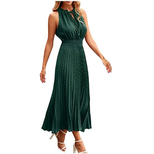 LOSSLO Plisseekleid Damen Festlich, Sommerkleid Damen Lang,Neckholder Kleid Damen Sommer Freizeitkleid Maxikleid Jacquard Plisseekleider Hohe Taille Damenkleider Gesmoktes Kleider Mode Sommerkleider von LOSSLO