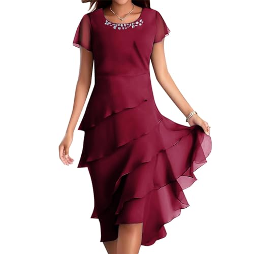 LOSSLO Sommerkleid Damen Knielang, Chiffonkleid Damen Sommer,Freizeitkleid Damen Elegant Volantkleider Kurzarm Rundhals Chiffon Kleider Stufenkleid Swing Kleid Damenkleid Sommerkleider für Frauen von LOSSLO