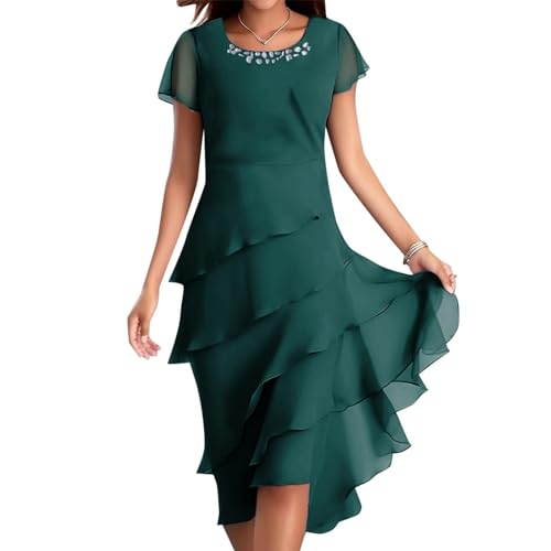 LOSSLO Sommerkleid Damen Knielang, Chiffonkleid Damen Sommer,Freizeitkleid Damen Elegant Volantkleider Kurzarm Rundhals Chiffon Kleider Stufenkleid Swing Kleid Damenkleid Sommerkleider für Frauen von LOSSLO