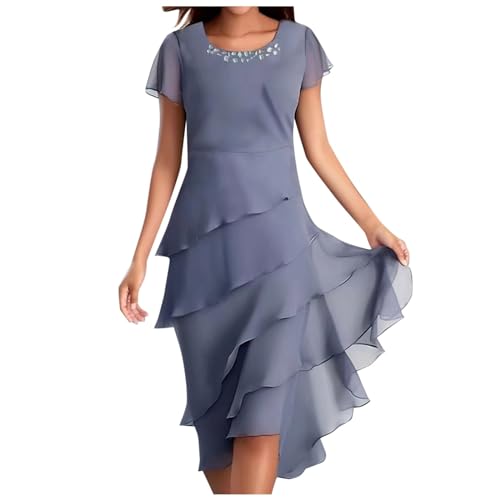 LOSSLO Sommerkleid Damen Knielang, Chiffonkleid Damen Sommer,Freizeitkleid Damen Elegant Volantkleider Kurzarm Rundhals Chiffon Kleider Stufenkleid Swing Kleid Damenkleid Sommerkleider für Frauen von LOSSLO