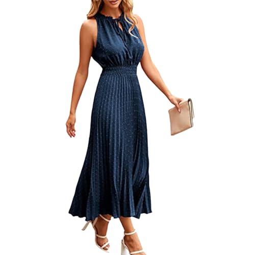 LOSSLO Sommerkleid Damen Lang, Neckholder Kleid Damen Sommer,Plisseekleid Damen Festlich Swing Kleider Elegant Freizeitkleid Maxikleid Jacquard Sommerkleider Hohe Taille Plisseekleider Damenkleid von LOSSLO
