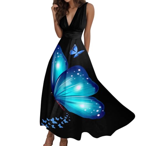 LOSSLO Sommerkleid Damen Lang,Maxikleid Damen Elegant,V-Ausschnitt Kleid Damen Wickelkleid Swing Partykleid Lange Maxi Kleider mit Schmetterling Muster Cocktailkleid Frauen Abendkleid für Hochzeit von LOSSLO