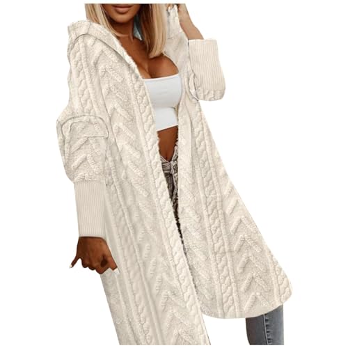 LOSSLO Strickjacke Damen Lang mit Kapuze -Strickmantel WinterGrobstrickjacke Oversize Longstrickjacke Strickcardigan Langarm Grobstrick Cardigan Einfarbig Strickjacken Mantel Kapuzenjacke von LOSSLO