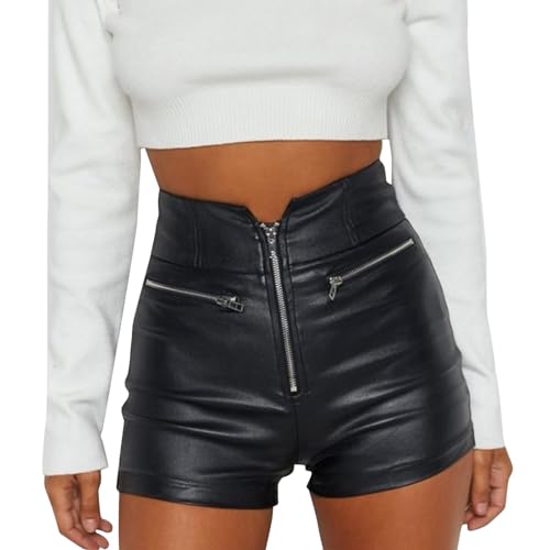 Leder Shorts Damen Schwarz ,Lederhose Damen Kurz,Ledershorts Damen Kurze Hose Lederoptik PU Kunstlederhose Glänzend Kunstleder Stretch Zip Hotpants Sexy Hosen Hohe Taille Nachtclub Karneval Clubwear von LOSSLO