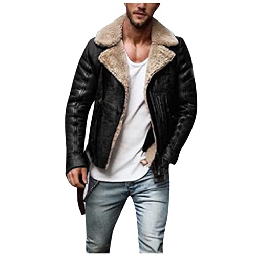 Lederjacke Herren Gefüttert ,Kunstlederjacke Herren Winter,Winterjacke Herren Leder Bikerjacke Übergangsjacke Revers Mantel Fleecejacke Biker Jacke Outdoor Jacken für Männer Freizeit Ledermantel von LOSSLO