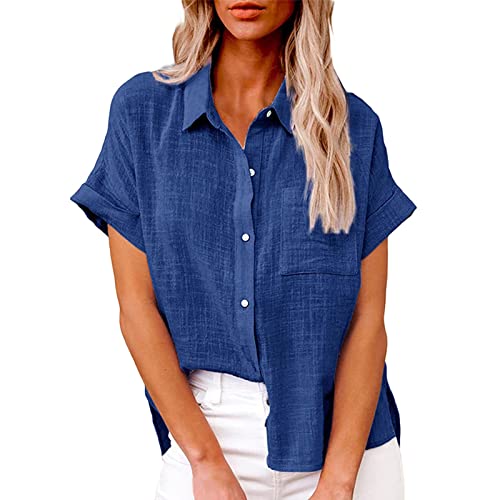 Leinenhemd Damen Sommer,Leinenbluse Kurzarm Bluse Elegant V Ausschnitt Oberteil Baumwolle Leinen Hemdbluse Oberteile Tunika Tops T-Shirt Vintage Blusen & Tuniken für Frauen von LOSSLO
