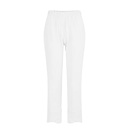 Leinenhose Damen Sommer 7/8 -Haremshose Damen Große Größen,Caprihose Damen Einfarbig Sommerhose Leicht Leinen Hose Weites Bein Capri Hosen Strandhose High Waist Bequemer Freizeithose mit Taschen von LOSSLO