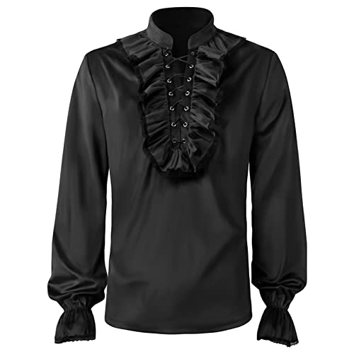 Mittelalter Hemd Herren,Steampunk Hemden Langarm Traditioneller Retro-Stil Gothic Shirt Renaissance Viking Viktorian Rüschen Tshirt mit Kragen Männer Cosplay Tops Karneval Halloween Kostüm von LOSSLO