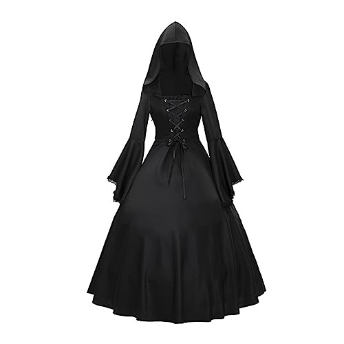 Mittelalter Kleidung Damen -Mittelalter Kleid Lang Gothic Kleid Cocktailkleid Cape Umhang Mit Kapuze Rockabilly Kleider Viktorianisches Kleid mit Trompetenärmel Maxikleid Cosplay Karneval Kostüm von LOSSLO