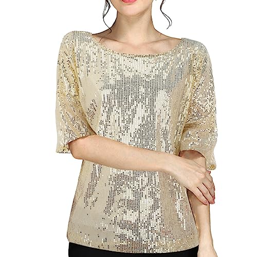 Pailletten Oberteil Damen Silber,Glitzer Oberteile Gold Festliche Blusen Kurzarm Rundhals Sexy Glänzendes Tops Tunika Shirts Casual T-Shirt für Frauen Party Karneval Kostüm Clubwear von LOSSLO