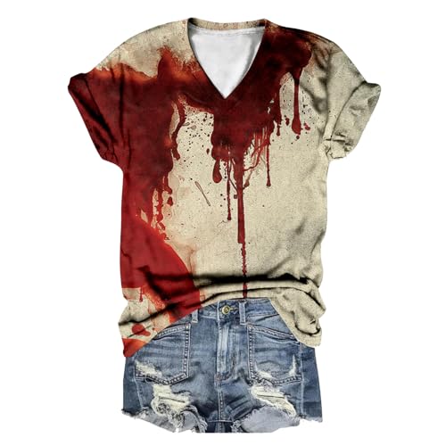 LOSSLO Problem Gelöst T-Shirt Damen, Halloween Shirt Damen V-Ausschnitt Horror Blutigem Bedrucktes Kurzarm Tshirts Hässliche T Shirts I'm Fine mit Gedruckt Blutiges Festlich Straßenkleidung von LOSSLO