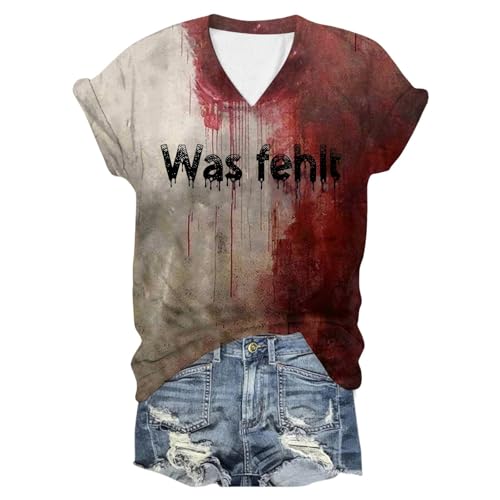 LOSSLO Problem Gelöst T-Shirt Damen, Halloween Shirt Damen V-Ausschnitt Horror Blutigem Bedrucktes Kurzarm Tshirts Hässliche T Shirts I'm Fine mit Gedruckt Blutiges Festlich Straßenkleidung von LOSSLO