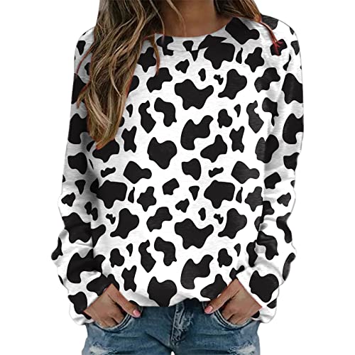 Pullover Damen Herbst -Langarmshirt Damen Locker-Oberteile Damen Elegant Shirt Langarm Sweatshirt Rundhals Leicht Tunika Große Größen Damenpullover Mode Kuhmuster Blusen Frauen T-Shirt Tops Winter von LOSSLO