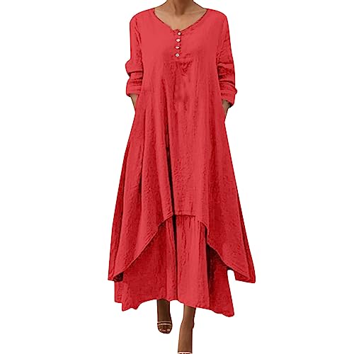 Sommerkleid Damen Leicht,Leinenkleid Damen Sommer,Maxi Kleider Damen Große Größen Partykleid Langarm Vintage Maxikleid V-Ausschnitt Lange Kleid Freizeitkleider Lose Festlich Abendkleider für Frauen von LOSSLO