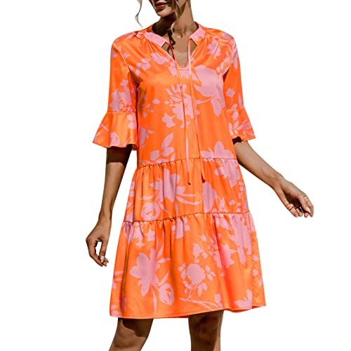Sommerkleid Damen Leicht -Mini Kleider Damen Kurz,Strandkleid Damen Knielang Strandkleider Sommer Boho Volant Kleid A Linie Freizeitkleider Rüschen Saum Minikleid Vintage Tunikakleid für Frauen von LOSSLO