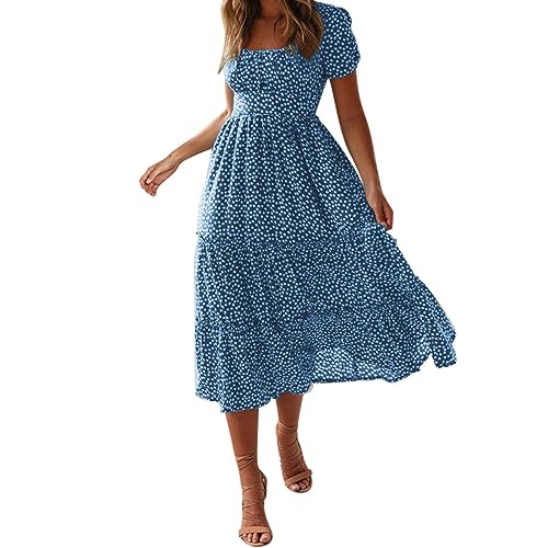 Sommerkleid Damen Midi, Blumenkleid Damen Festlich,Midikleid Damen Sommer Swing Kleid Quadratischer Ausschnitt Stufenkleid Puffärmel Kleider mit Aufdruck Freizeitkleid Sommerkleider Blümchenkleid von LOSSLO