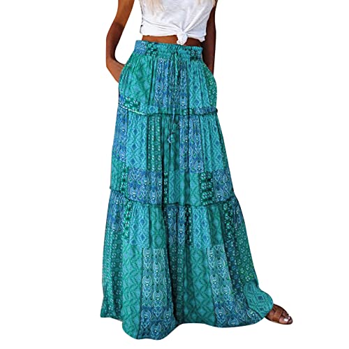 Sommerrock Damen Lang, Maxirock Damen Sommer,Boho Rock Damen Bunt Röcke Plisseerock Strandrock Langer Rock mit Tasche Faltenrock mit Aufdruck Damenrock Hohe Taille Sommerröcke Long Skirt von LOSSLO