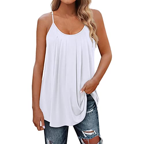 Spaghetti Top Damen Locker,Trägertop Damen Sommer,Cami Top Damen Tank Top Blusentops Ärmelloses Oberteile Einfarbig T Shirt Rundhals Plissee Tunika Bluse Weste Tops Teenager Mädchen Tanktops Frauen von LOSSLO