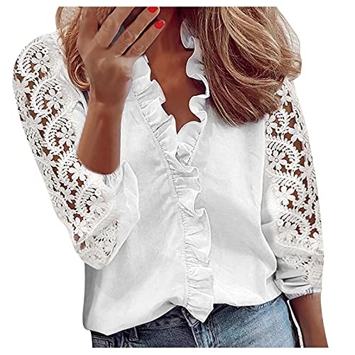 Spitzenbluse Damen Weiß -Spitzen Oberteile Bluse Damen Kurzarm Einfarbig Hemdbluse mit Rollkragen T Shirt Halbarm Blumen Teil-Transparent Spitzentop Tunika Hemd Blusen & Tuniken für Frauen von LOSSLO