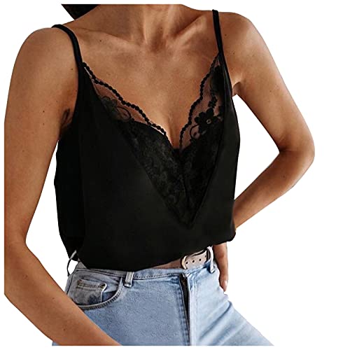 Spitzentop Damen Weiß,Cami Top Damen,Spaghetti Top Damen V Ausschnitte Sexy Spitzen Oberteile Locker Blusentops Tshirt Tunika Bluse Sommertops Luftig Weste Tops Teenager Mädchen Tanktops Frauen von LOSSLO