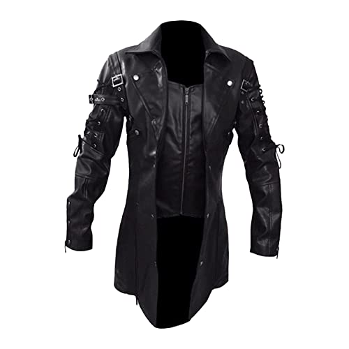 Steampunk Jacke Herren ,Punk Lederjacke Herren,Gothic Ledermantel Herren Vintage Biker Jacke Lange Jacket Übergangsjacke Motorrad Männer Mantel Trenchcoats Cosplay Fasching Karneval Halloween Kostüm von LOSSLO