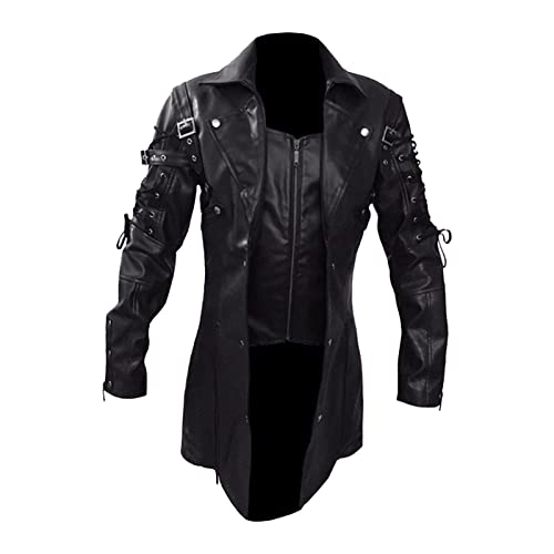 Steampunk Jacke Herren,Punk Lederjacke Herren,Gothic Ledermantel Herren Vintage Biker Jacke Lange Jacket Übergangsjacke Motorrad Männer Mantel Trenchcoats Cosplay Fasching Karneval Halloween Kostüm von LOSSLO