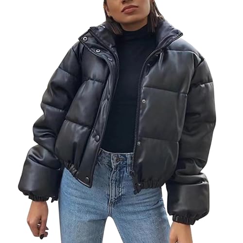 Steppjacke Damen Leicht,Lederjacke Damen Schwarz,Winterjacke Damen Warm Bikerjacke Kunstleder Übergangsjacke Kunstlederjacke Softshelljacke mit Stehkragen Moto Biker Puffer Jacken Daunenjacke von LOSSLO