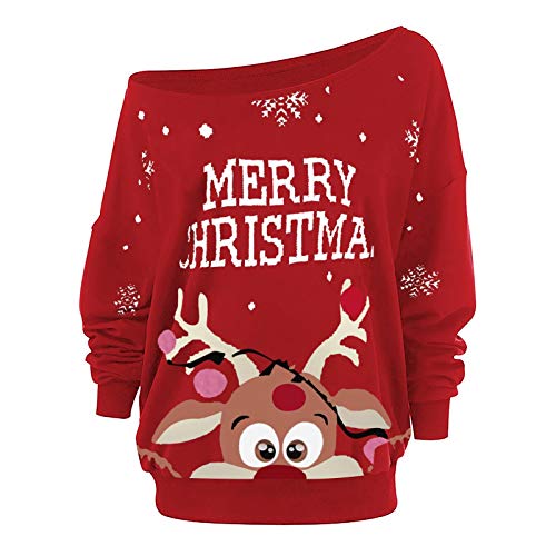 Ugly Christmas Sweater Damen -Weihnachtspullover Lustig Weihnachtspulli One Shoulder Sweatshirt Ohne Kapuze Pullover Weihnachten Rentier Elch Langarmshirt Pulli Weihnachtskostüm Frauen von LOSSLO