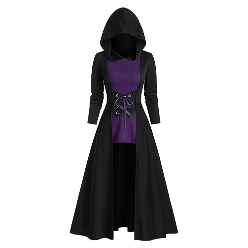 Umhang Mittelalter Damen,Umhang mit Kapuze,Kapuzenumhang Gothic Vampir Cape Mantel Korsett Top Vintage Robe Rot und Schwarz Hexen Cosplay Uniform für Erwachsene Fasching Halloween Karneval Kostüm von LOSSLO