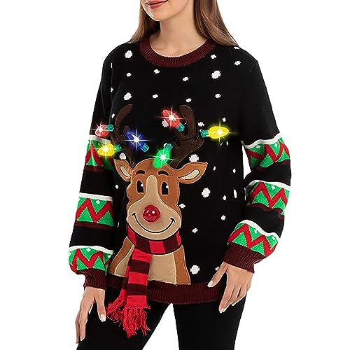 Weihnachtspullover Damen LED Beleuchtete Rentier Weihnachtspulli Damen Lustig Ugly Christmas Sweater Mode Hässliche Xmas Pullover Weihnachtsoutfit Strickpullover Sweatshirt Gestrickte Pullover von LOSSLO