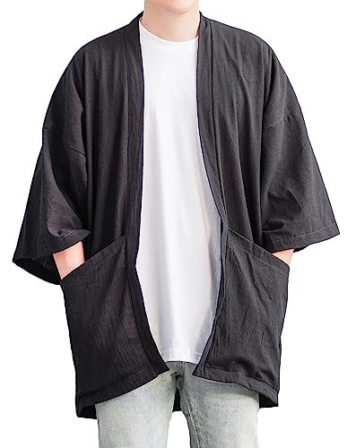 LOST IN BKK Herren Baumwolle Leinen Kimono Cardigan 2 Taschen Übergroße Noragi Jacke Mann Haori Sommer Yukata Strand Robe, Schwarz, Einheitsgröße LOST IN BKK Herren Baumwolle Leinen Kimono Cardigan 2 Taschen Übergroße Noragi Jacke Mann Haori Sommer Yukata Strand Robe, Schwarz, Einheitsgröße von LOST IN BKK