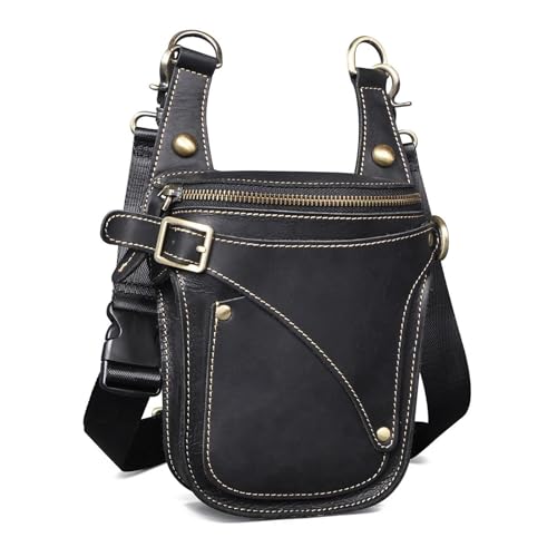 Motorrad-Sitztasche/Hecktasche Motorrad Reiten Drop Bein Tasche Design Reise Fanny Gürtel Taille Pack Fall Unisex Mode Crazy Horse Leder 7" Motorrad-Gepäcktasche(Black) von LOSTIS