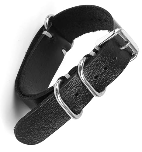 LOSUNLENU Lederarmband handgefertigte Nähte Armband mit Stahlringschnalle Uhrenarmband(Black,22mm) von LOSUNLENU