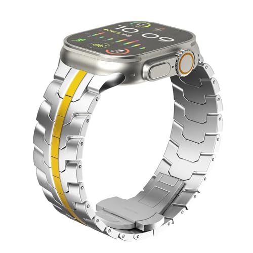 LOSUNLENU Luxuriöses Armband in Titanfarbe für Apple Watch Ultra 2 Band 49 mm 45 mm 44 mm 42 mm Metall-Edelstahlarmband Iwatch 9 8 7 6 5 SE(Silver gold,42/44/45/49mm) von LOSUNLENU