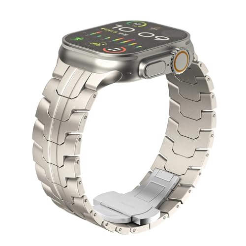 LOSUNLENU Luxuriöses Armband in Titanfarbe für Apple Watch Ultra 2 Band 49 mm 45 mm 44 mm 42 mm Metall-Edelstahlarmband Iwatch 9 8 7 6 5 SE(Starlight,42/44/45/49mm) von LOSUNLENU