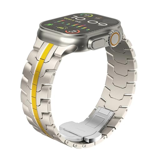LOSUNLENU Luxuriöses Armband in Titanfarbe für Apple Watch Ultra 2 Band 49 mm 45 mm 44 mm 42 mm Metall-Edelstahlarmband Iwatch 9 8 7 6 5 SE(Starlight gold,42/44/45/49mm) von LOSUNLENU