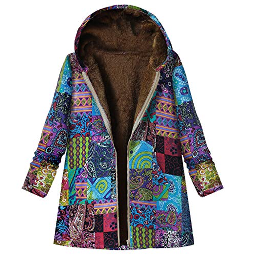 LOSVIP Damen Boho Bunter Mantel mit Innen Fleece Winterjacke, Damen Oversized Polka Dot Kapuzenjacke mit Streifen, Winterjacke, Vintage Boho Wintermantel (Blue-B, XXXL) von LOSVIP