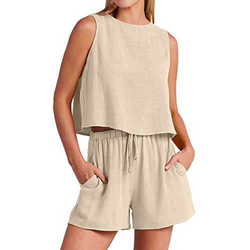 LOSVIP Sommer 2-teiliges Shorts-Set für Damen, ärmelloses Neckholder-Top, Tanktop und Shorts mit hoher Taille, Bodysuit-Tasche Schlafanzug Damen Kurz Set Sexy (Beige, S) von LOSVIP