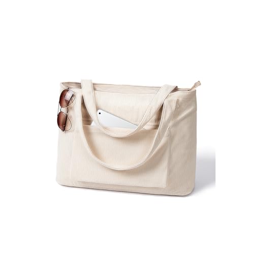 LOTEZAVA Cord Tasche Damen Große Umhängetasche mit Reißverschluss Shopper Taschen Tote Bag Handtasche für Arbeit Büro Uni Schule Reisen von LOTEZAVA